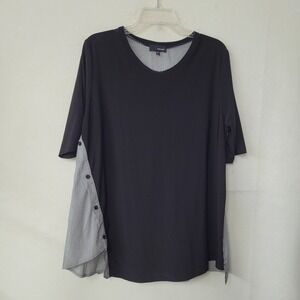 Sun Kim XL Black Tunic Top Button Accent Stripes Made in USA Short Sleeve